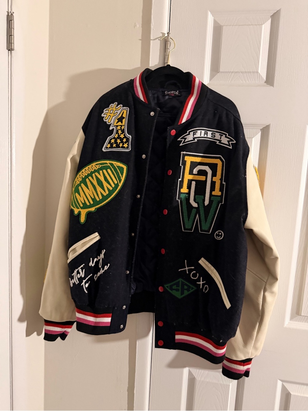 Unbranded Black & Cream Varsity Letterman Jacket with Patches